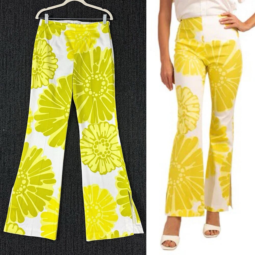 Trina Turk Pants Womens 4 Floral Flare High Rise Yellow White Green Resort Wear